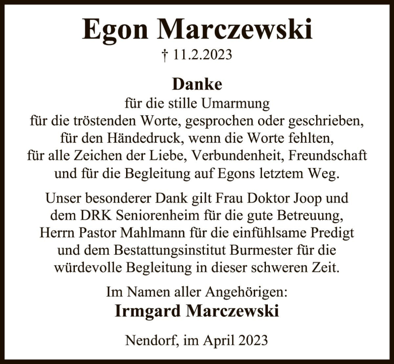  Traueranzeige für Egon Marczewski vom 01.04.2023 aus Die Harke