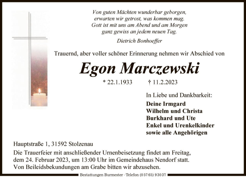  Traueranzeige für Egon Marczewski vom 18.02.2023 aus Die Harke