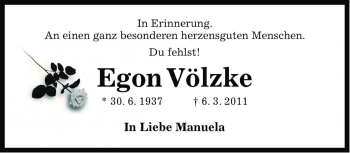 Traueranzeige von Egon Völzke von Die Harke