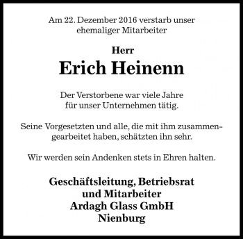 Traueranzeige von Ehrich Heinenn von Die Harke