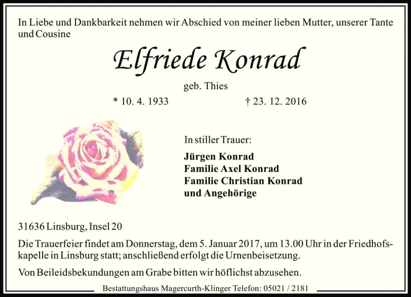  Traueranzeige für Elfriede Konrad vom 31.12.2016 aus Die Harke