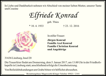 Traueranzeige von Elfriede Konrad von Die Harke
