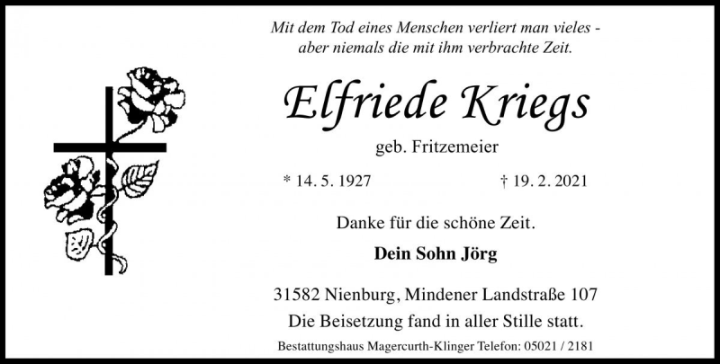  Traueranzeige für Elfriede Kriegs vom 06.03.2021 aus Die Harke