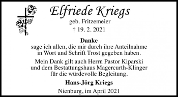 Traueranzeige von Elfriede Kriegs von Die Harke