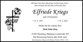 Traueranzeige von Elfriede Kriegs von Die Harke