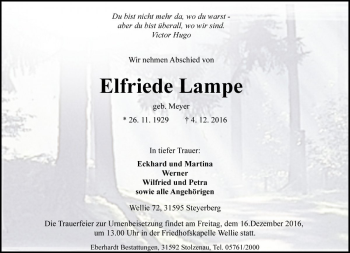 Traueranzeige von Elfriede Lampe von Die Harke
