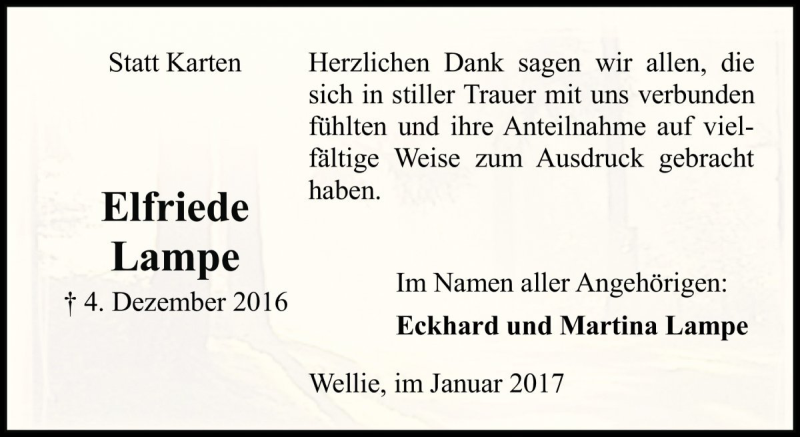  Traueranzeige für Elfriede Lampe vom 10.01.2017 aus Die Harke