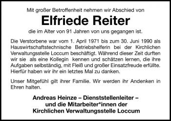 Traueranzeige von Elfriede Reiter von Die Harke