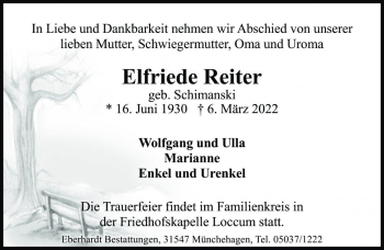 Traueranzeige von Elfriede Reiter von Die Harke