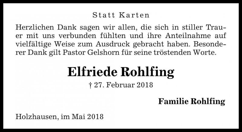  Traueranzeige für Elfriede Rohlfing vom 05.05.2018 aus Die Harke