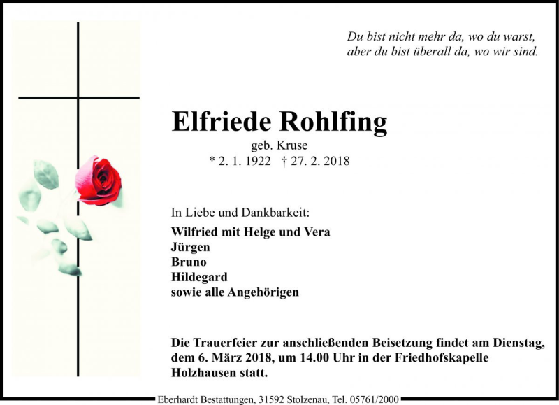  Traueranzeige für Elfriede Rohlfing vom 03.03.2018 aus Die Harke