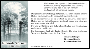 Traueranzeige von Elfriede Zörner von Die Harke
