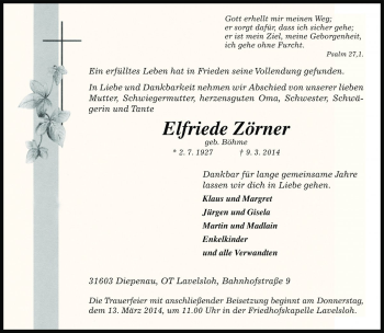 Traueranzeige von Elfriede Zörner von Die Harke