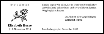 Traueranzeige von Elisabeth Busse von Die Harke