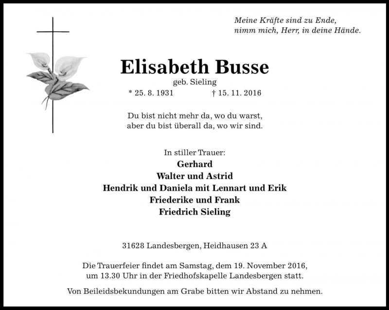  Traueranzeige für Elisabeth Busse vom 17.11.2016 aus Die Harke