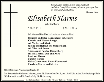 Traueranzeige von Elisabeth Harms von Die Harke
