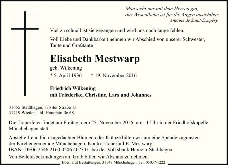  Traueranzeige für Elisabeth Mestwarp vom 22.11.2016 aus Die Harke