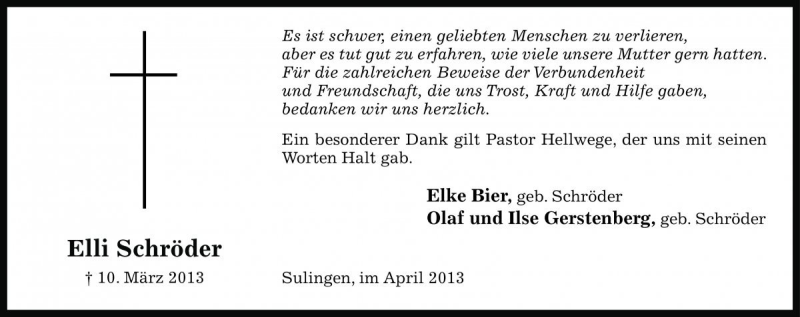  Traueranzeige für Elli Schröder vom 27.04.2013 aus Die Harke