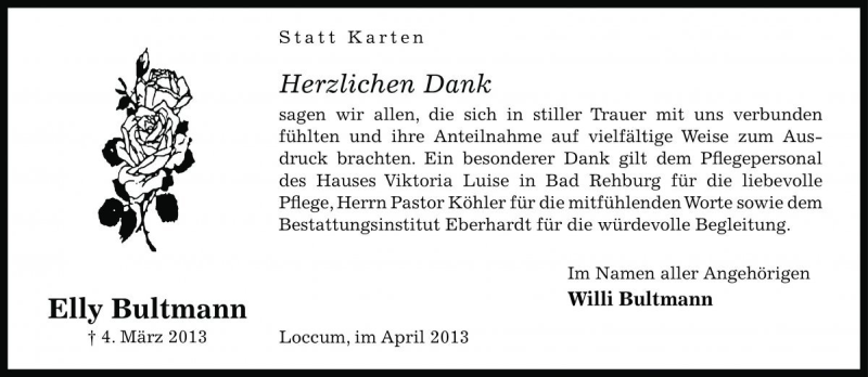  Traueranzeige für Elly Bultmann vom 06.04.2013 aus Die Harke