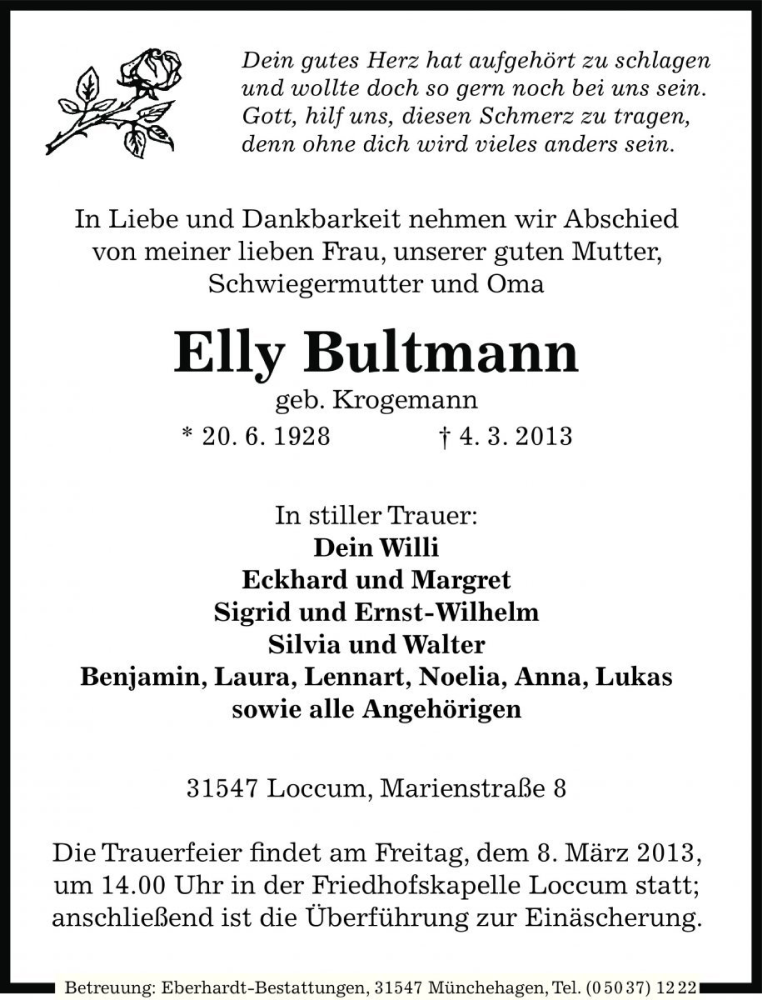  Traueranzeige für Elly Bultmann vom 06.03.2013 aus Die Harke