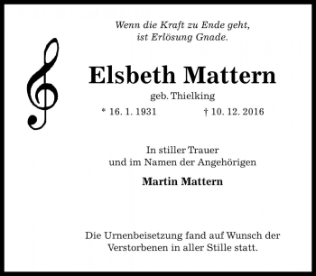 Traueranzeige von Elsbeth Mattern von Die Harke