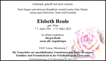 Traueranzeige von Elsbeth Reule von Die Harke