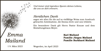 Traueranzeige von Emma Mailand von Die Harke