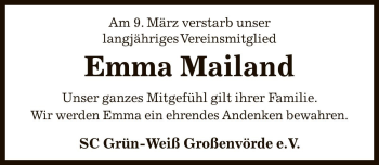 Traueranzeige von Emma Mailand von Die Harke