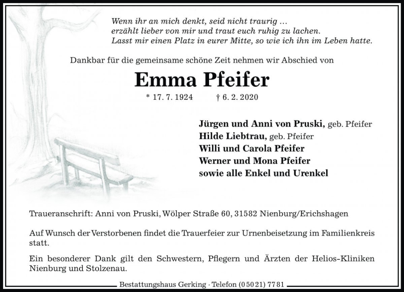  Traueranzeige für Emma Pfeifer vom 15.02.2020 aus Die Harke