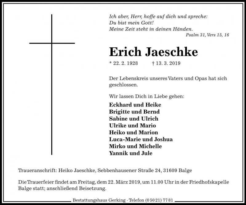  Traueranzeige für Erich Jaeschke vom 16.03.2019 aus Die Harke