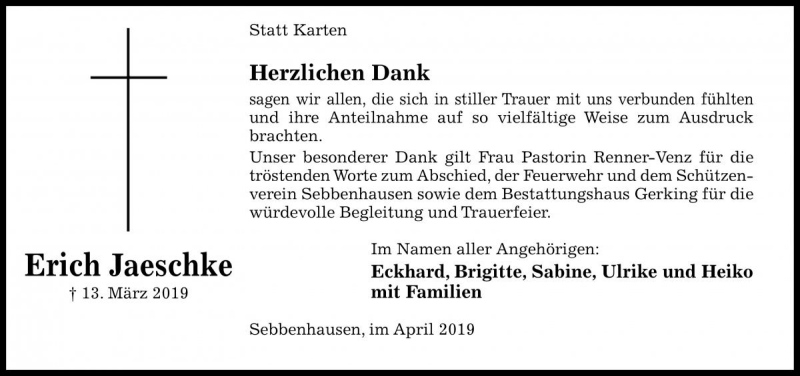  Traueranzeige für Erich Jaeschke vom 27.04.2019 aus Die Harke