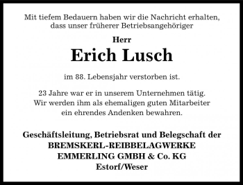 Traueranzeige von Erich Lusch von Die Harke