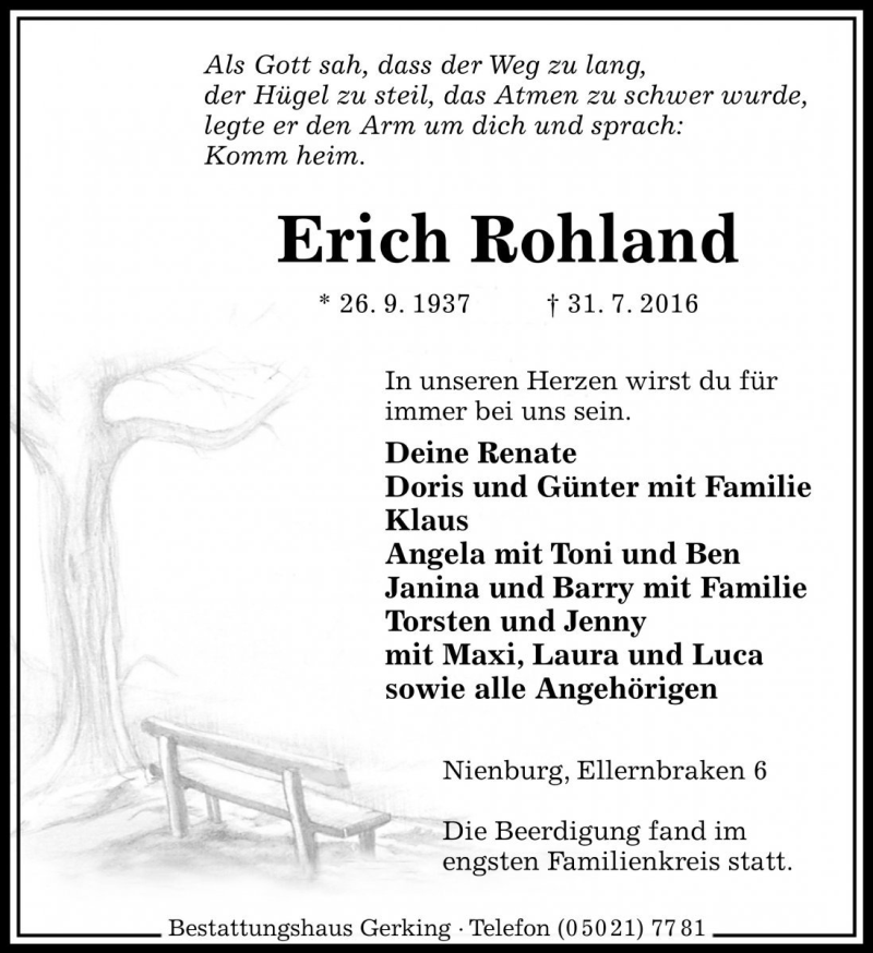  Traueranzeige für Erich Rohland vom 06.08.2016 aus Die Harke