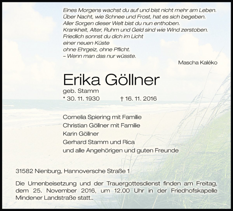  Traueranzeige für Erika Göllner vom 19.11.2016 aus Die Harke