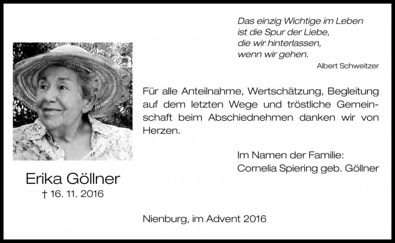  Traueranzeige für Erika Göllner vom 10.12.2016 aus Die Harke