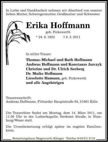 Traueranzeige von Erika Hoffmann von Die Harke
