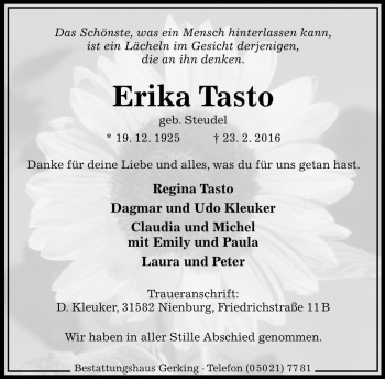 Traueranzeige von Erika Tasto von Die Harke