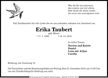 Traueranzeige von Erika Taubert von Die Harke