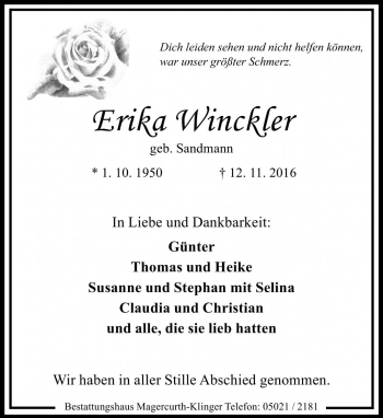 Traueranzeige von Erika Winckler von Die Harke
