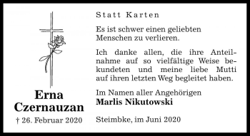 Traueranzeige von Erna Czernauzan von Die Harke