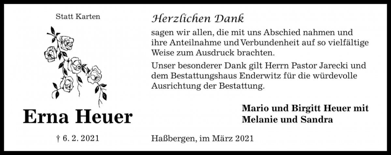  Traueranzeige für Erna Heuer vom 13.03.2021 aus Die Harke