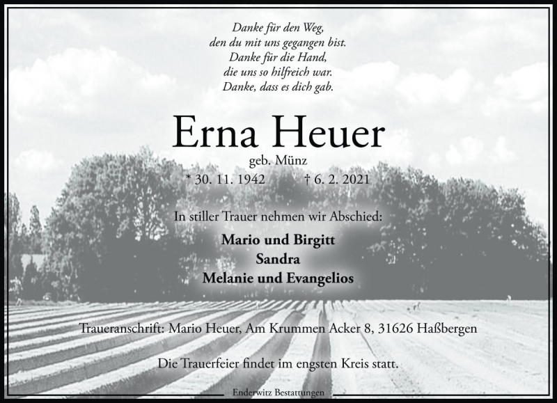  Traueranzeige für Erna Heuer vom 13.02.2021 aus Die Harke