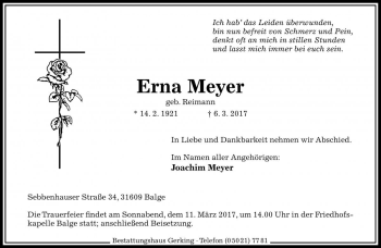 Traueranzeige von Erna Meyer von Die Harke