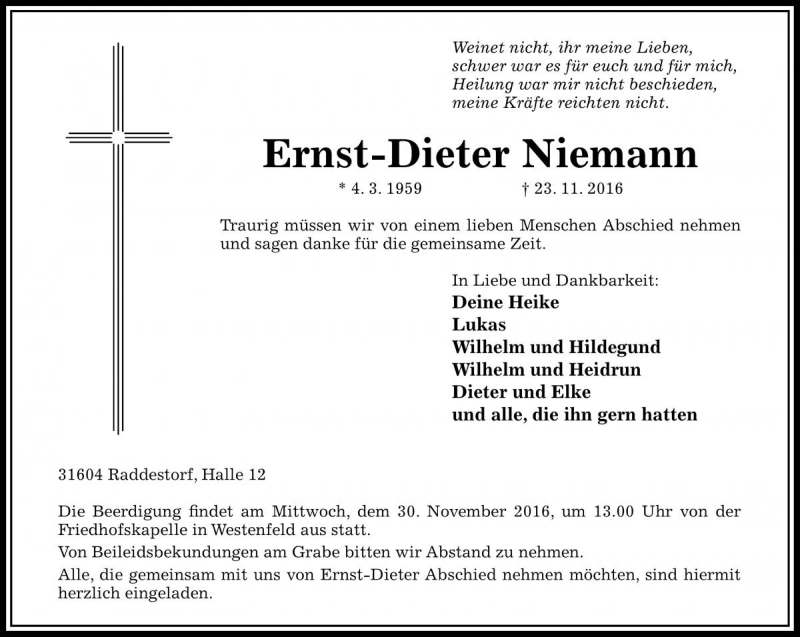  Traueranzeige für Ernst-Dieter Niemann vom 26.11.2016 aus Die Harke