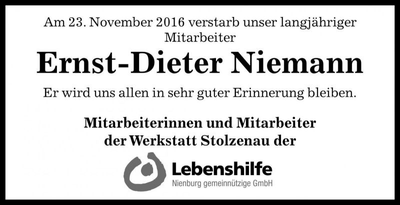  Traueranzeige für Ernst-Dieter Niemann vom 26.11.2016 aus Die Harke