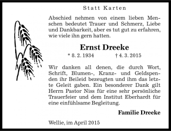 Traueranzeige von Ernst Dreeke von Die Harke