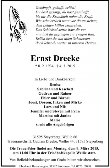 Traueranzeige von Ernst Dreeke von Die Harke