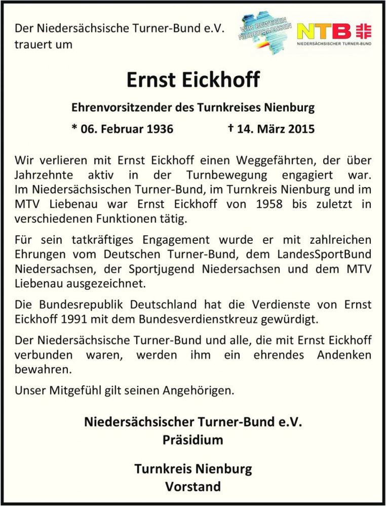  Traueranzeige für Ernst Eickhoff vom 19.03.2015 aus Die Harke