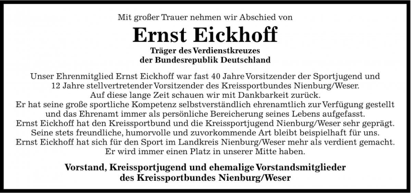  Traueranzeige für Ernst Eickhoff vom 18.03.2015 aus Die Harke