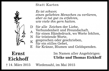 Traueranzeige von Ernst Eickhoff von Die Harke